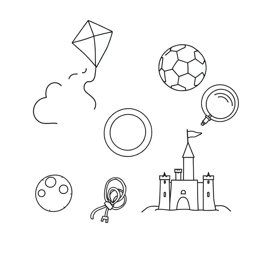 Various outdoor toys including bicycle, kite, and football