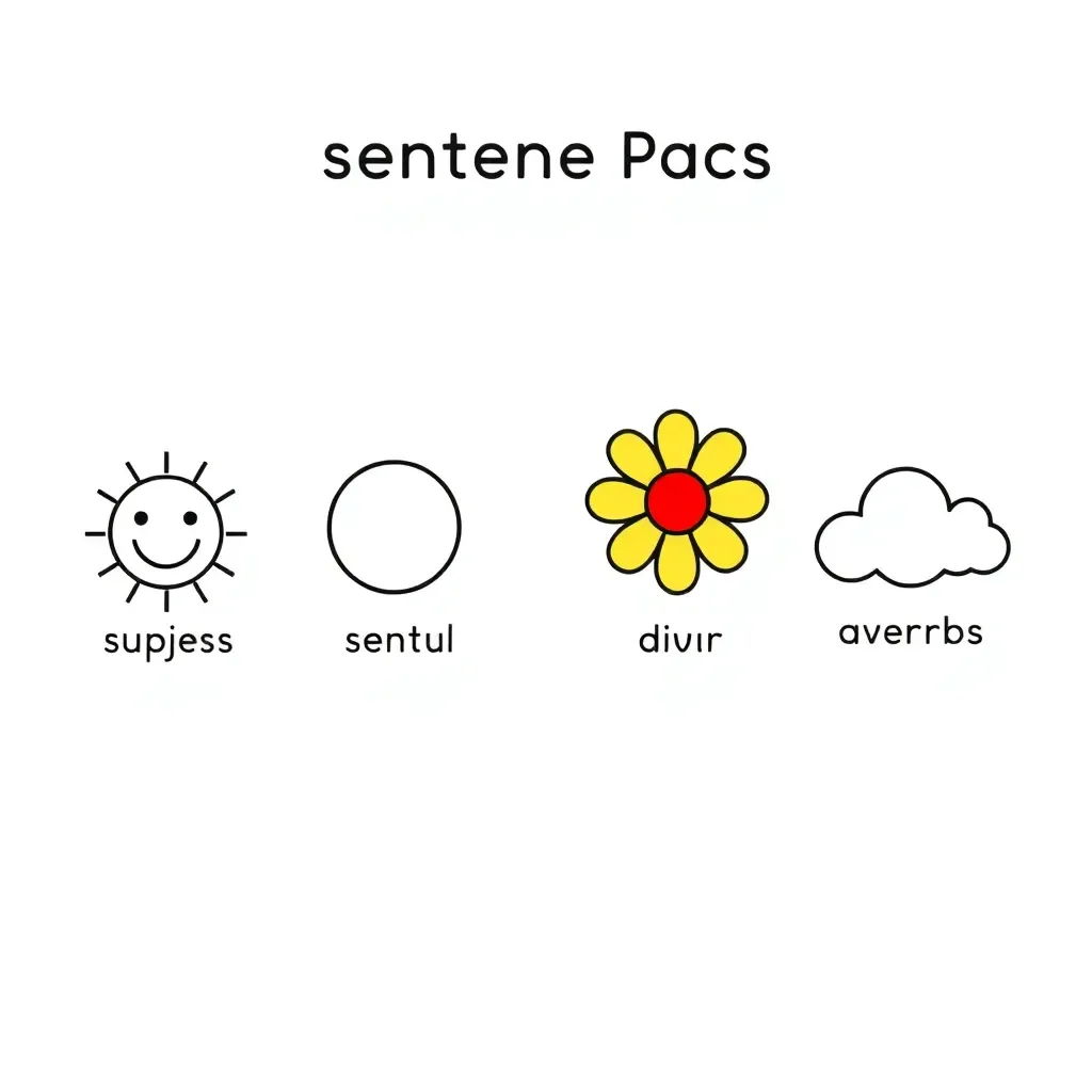 Colourful picture cards showing nouns, verbs, and adjectives