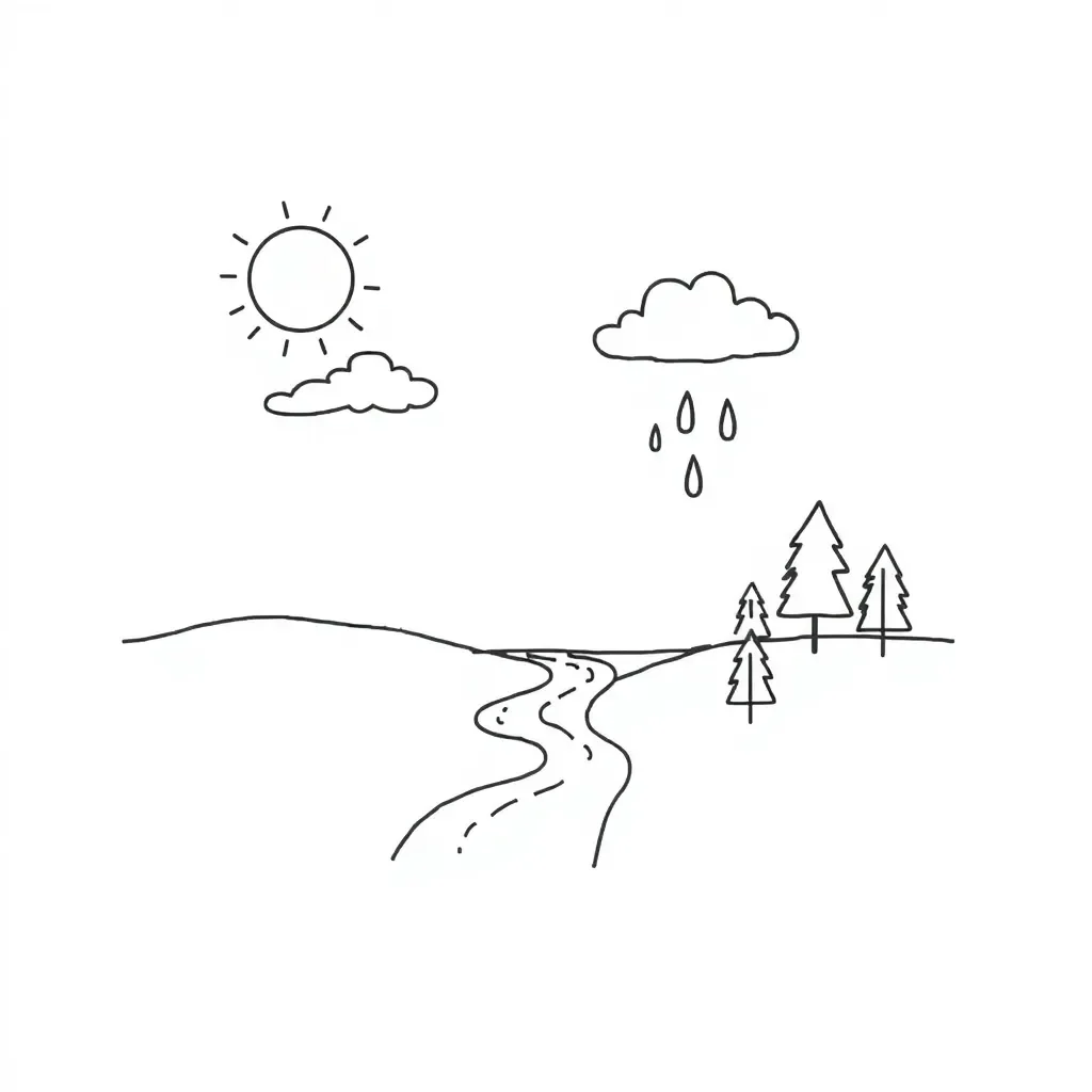 Water cycle diagram showing evaporation, condensation, and precipitation