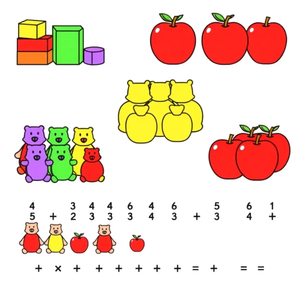 Children counting colorful blocks and toys