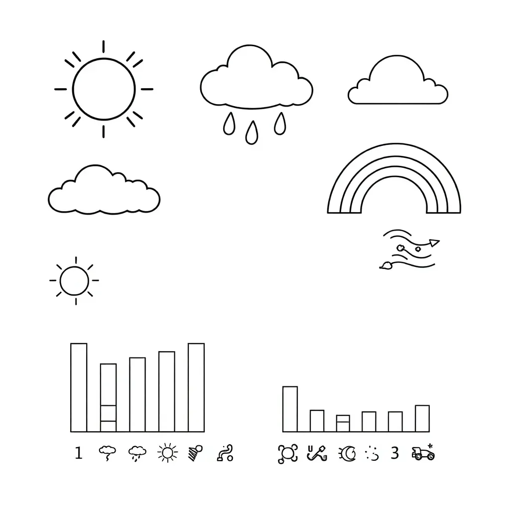 Weather chart with sun, clouds, rain and wind symbols
