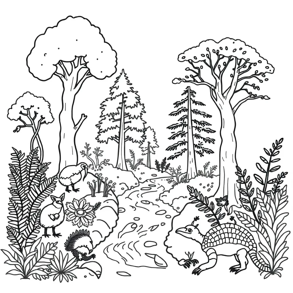 New Zealand forest with native trees and wildlife