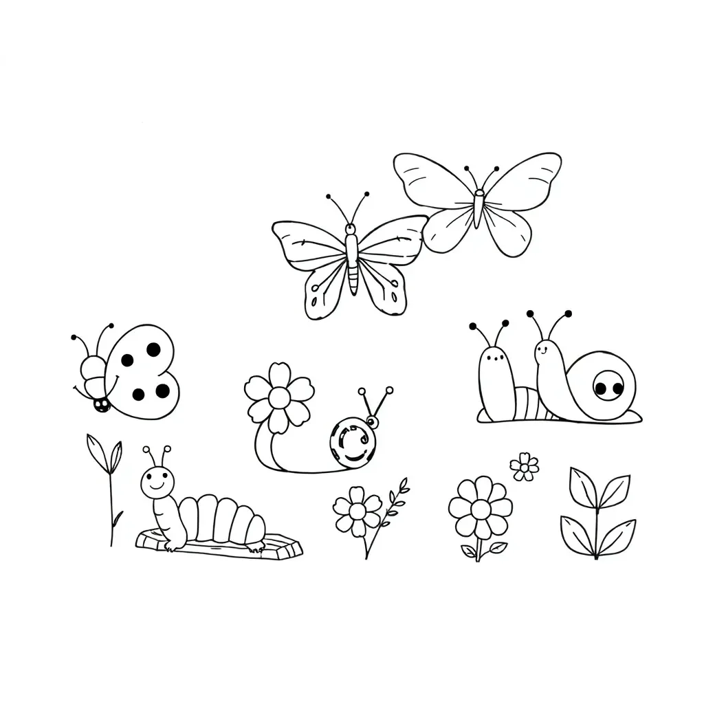 Friendly cartoon minibeasts including ladybird, butterfly and spider