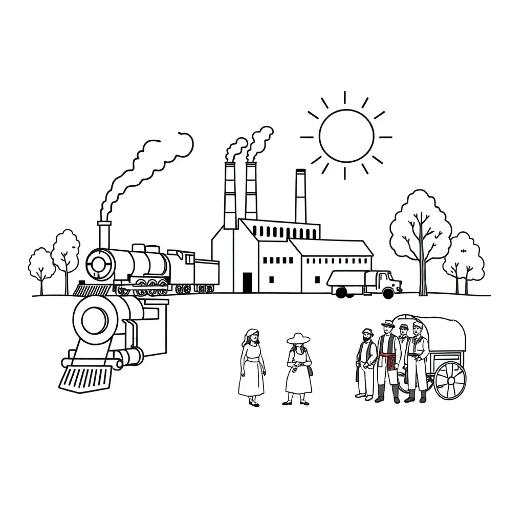 Industrial Revolution factory with steam and machinery