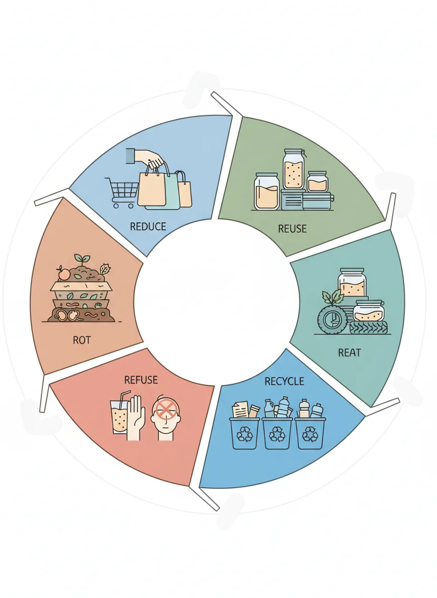 The 3 Rs Plus: Reduce, Reuse, Recycle, Refuse, Rot
