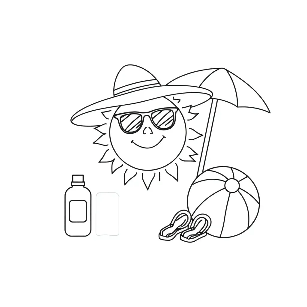 Sun safety illustration with hat, sunscreen and sunglasses