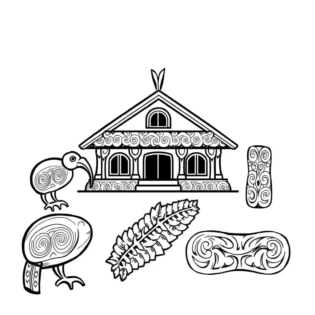 New Zealand cultural symbols including Māori patterns and kiwi bird