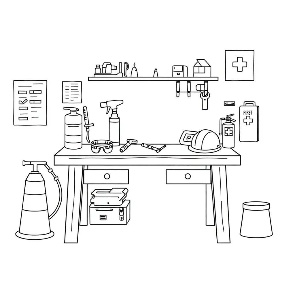 Workshop safety equipment including hard hat, safety goggles, and tools