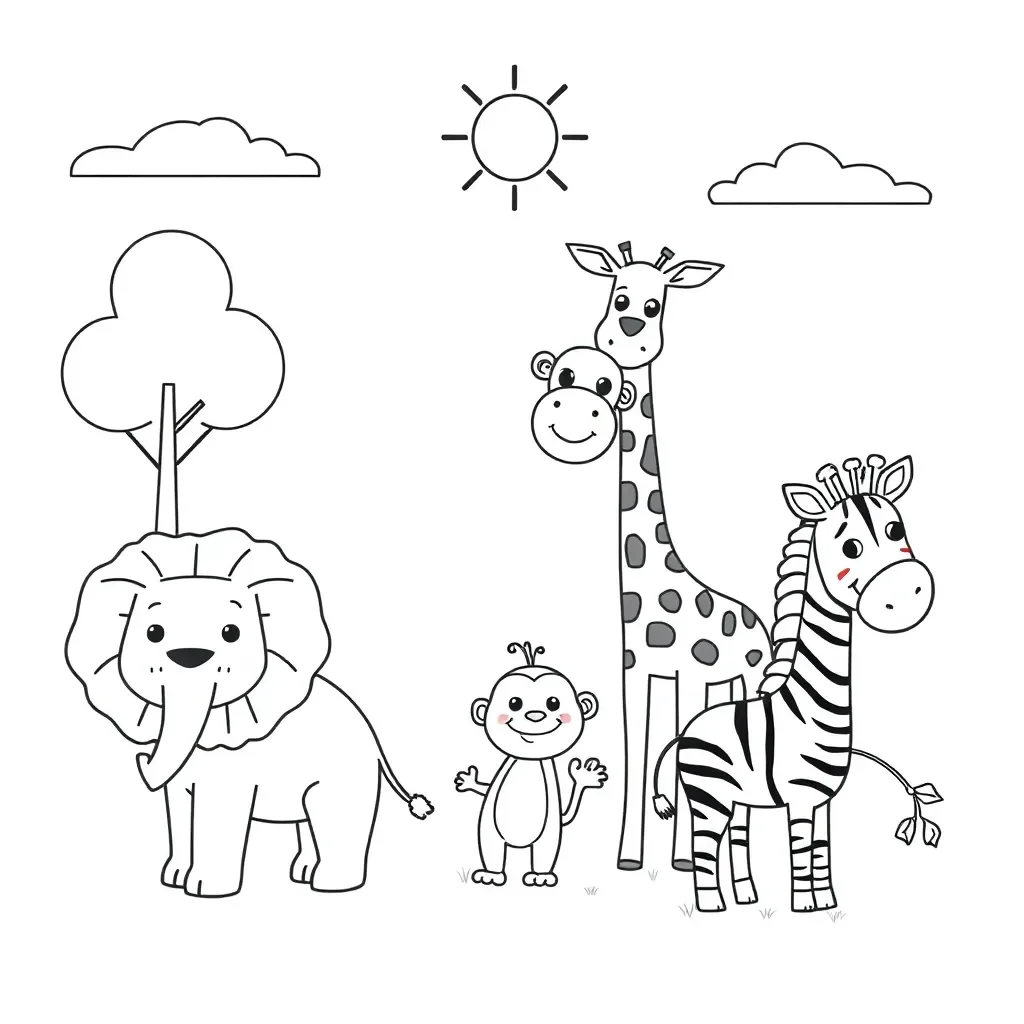 Colourful zoo animals including lion, elephant, monkey, giraffe and zebra