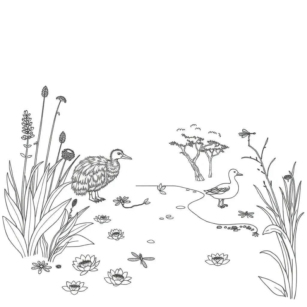 New Zealand wetland ecosystem with native birds and plants