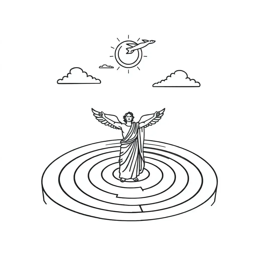Daedalus and Icarus flying with wings