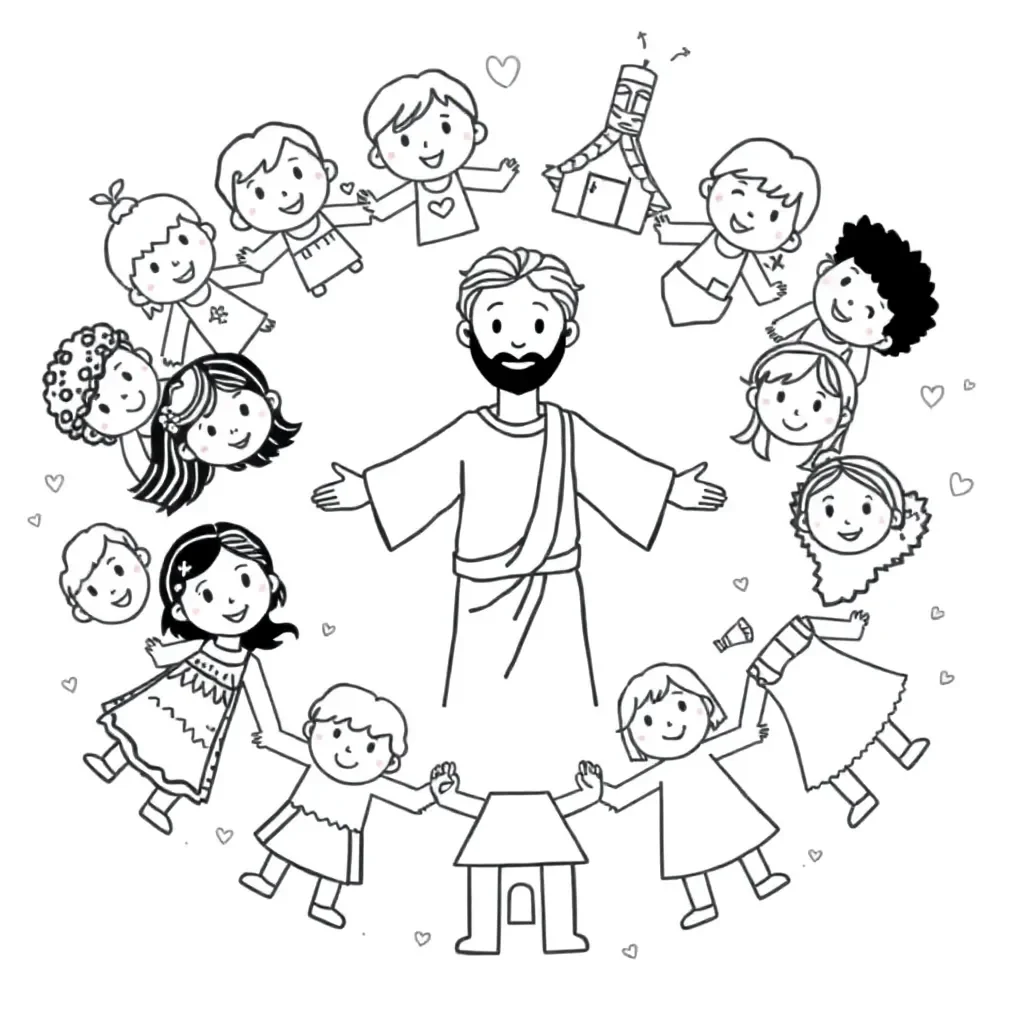 Jesus with diverse children holding hands