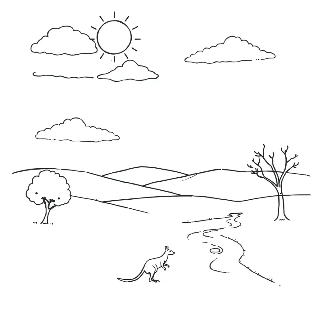Sun, clouds and landscape illustration