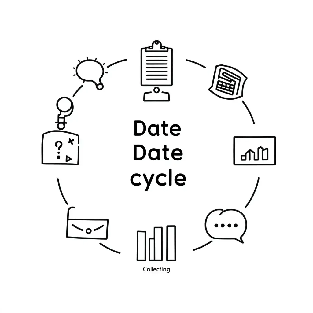 Data cycle illustration showing questioning, planning, collecting, processing, analyzing, and communicating stages