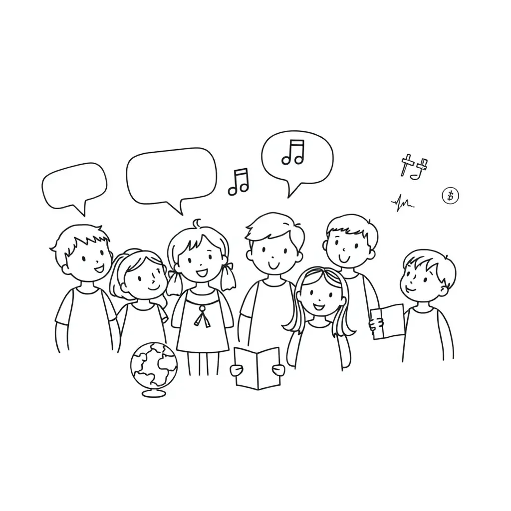 Student speaking with speech bubbles showing intonation patterns