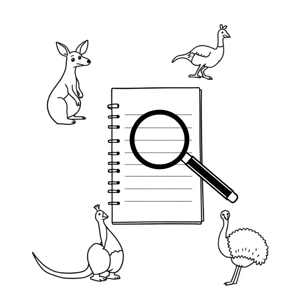 Detective with magnifying glass observing classroom items