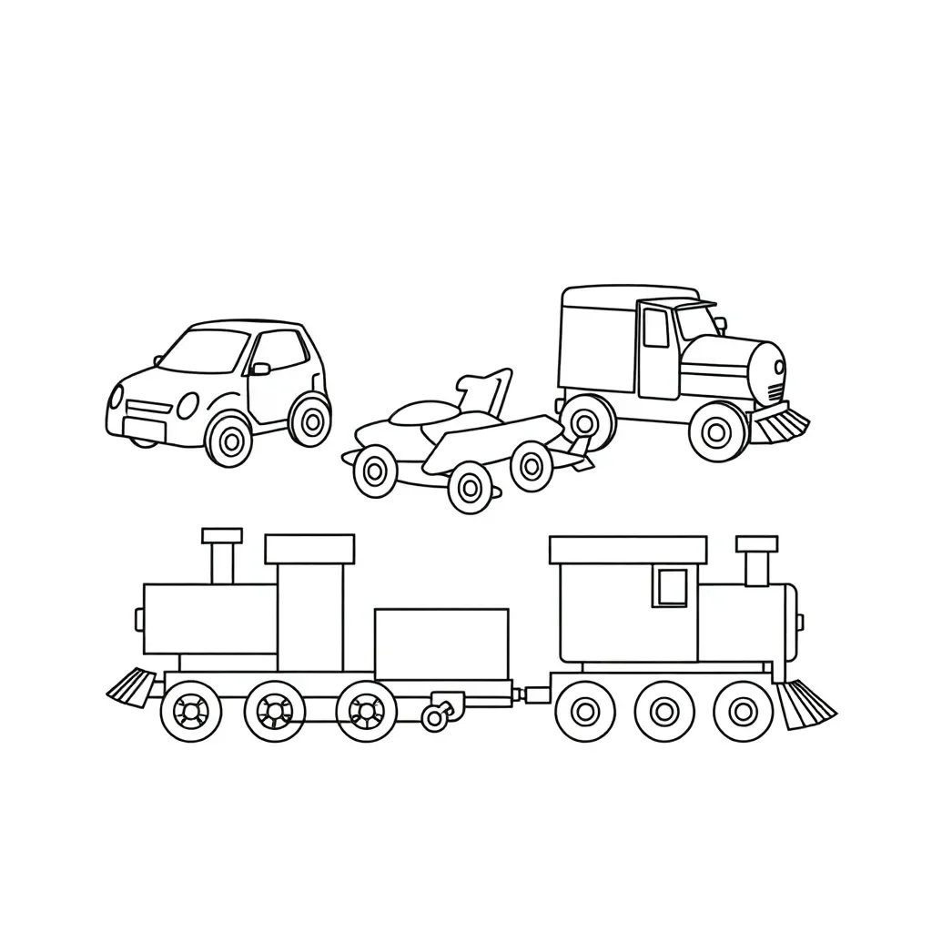Various toy vehicles including cars, trucks, and airplanes