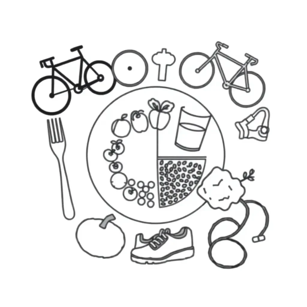 Healthy living illustration with fruits, vegetables and exercise icons