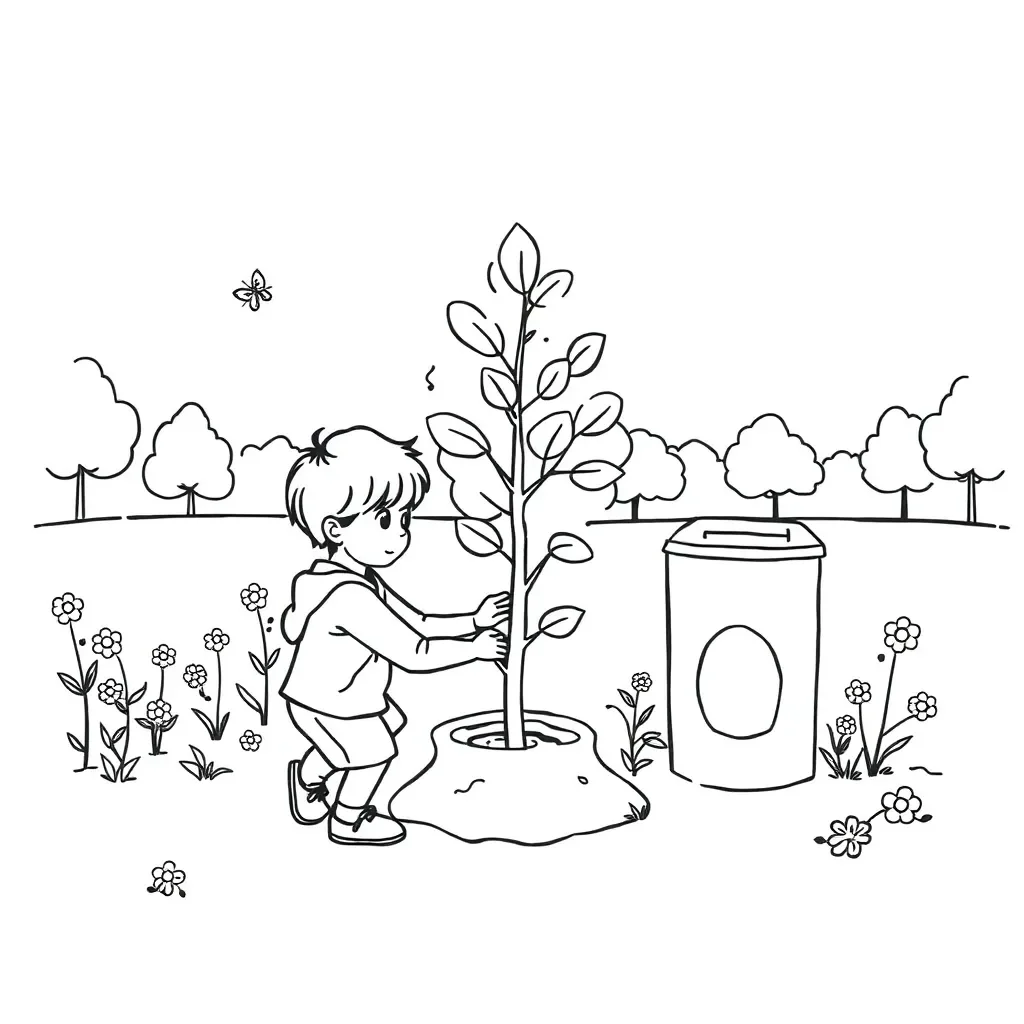 Child planting a tree in nature