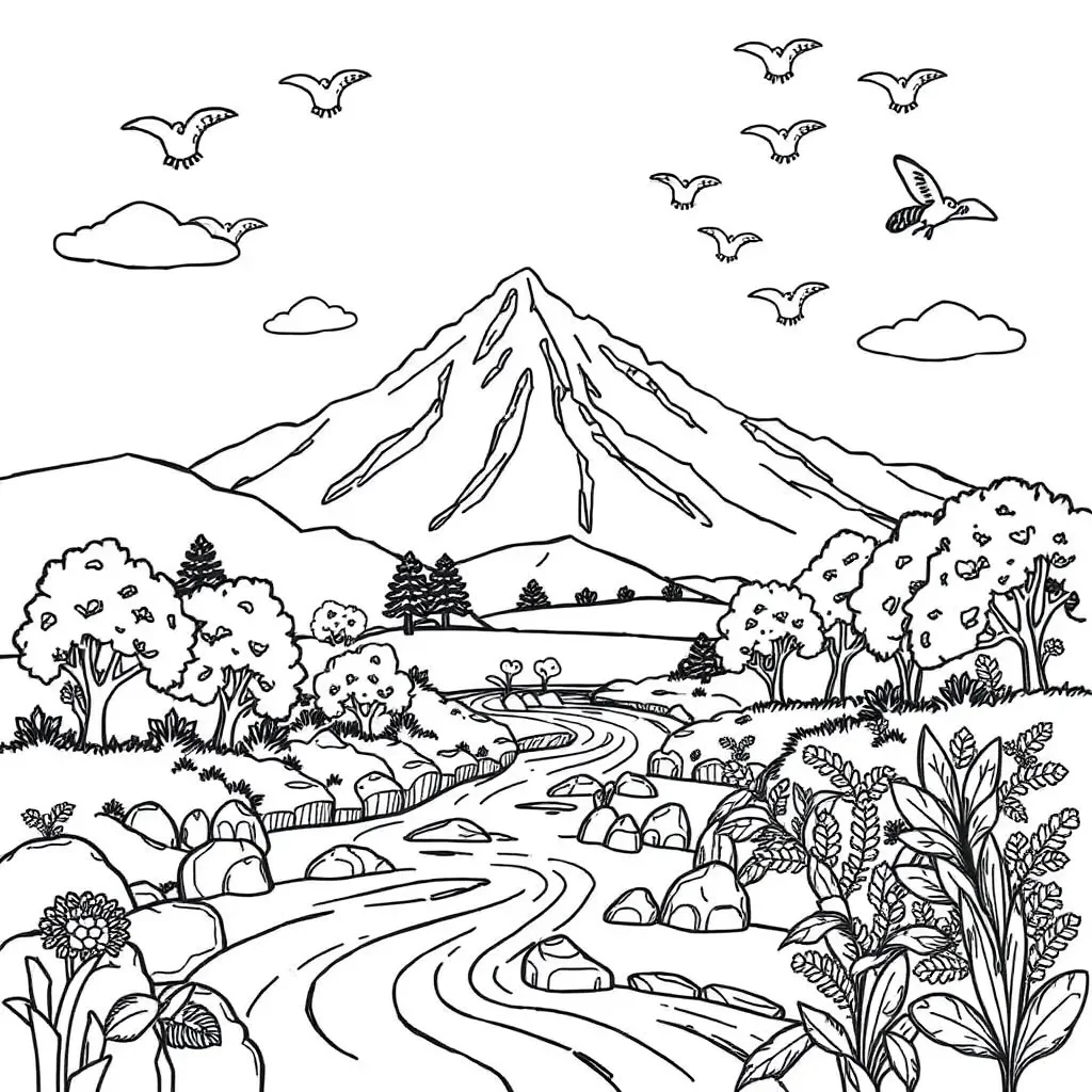 Native New Zealand nature scene with trees, birds and mountains
