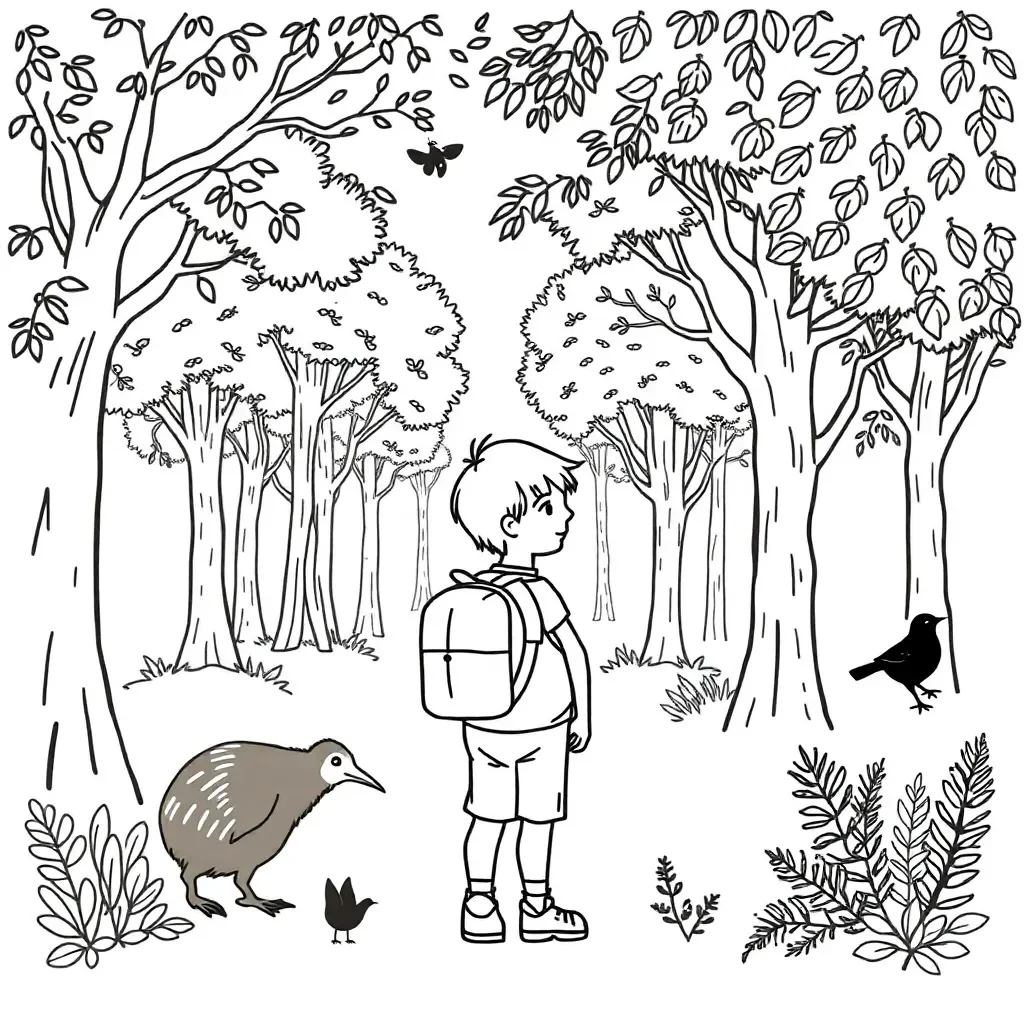 Child with backpack in forest