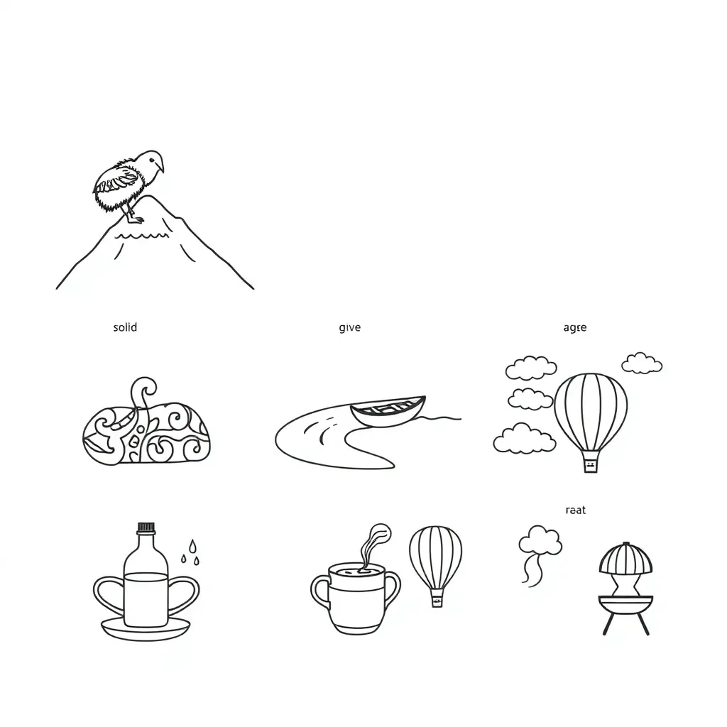 States of matter illustration showing solid ice cube, liquid water, and gas steam