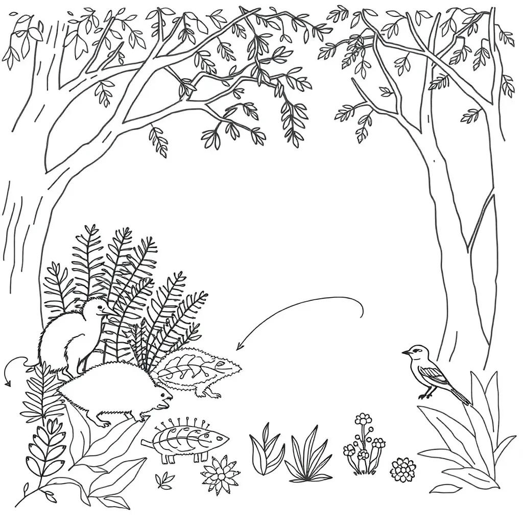 Forest ecosystem with plants and animals