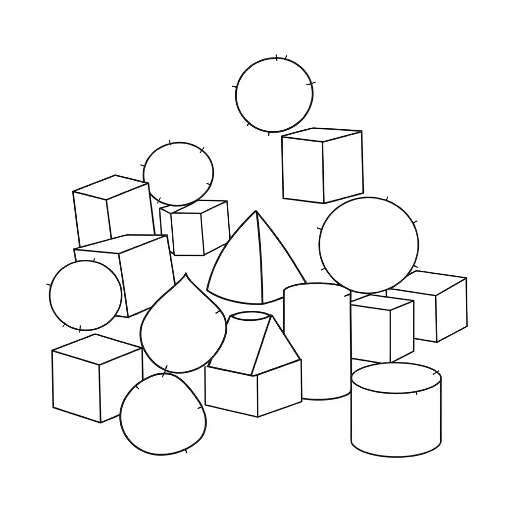 Various 3D shapes including cube, sphere, cylinder, and pyramid