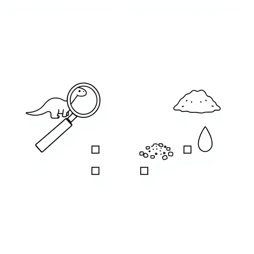 Dinosaur detective with magnifying glass examining soil layers