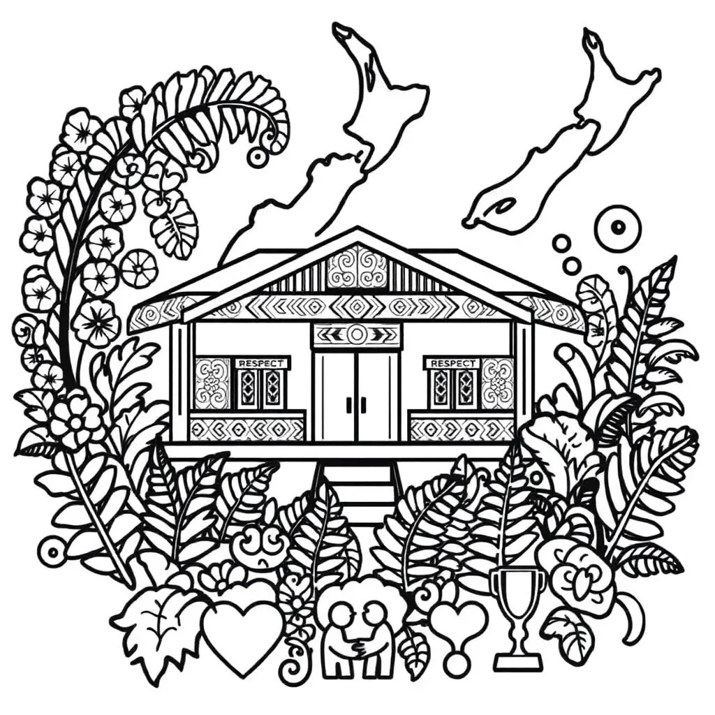 Māori cultural symbols and map of Aotearoa