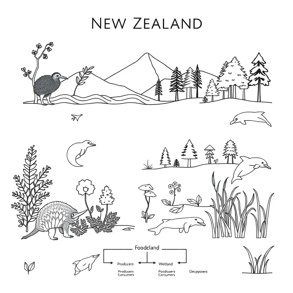 New Zealand native birds and plants illustration