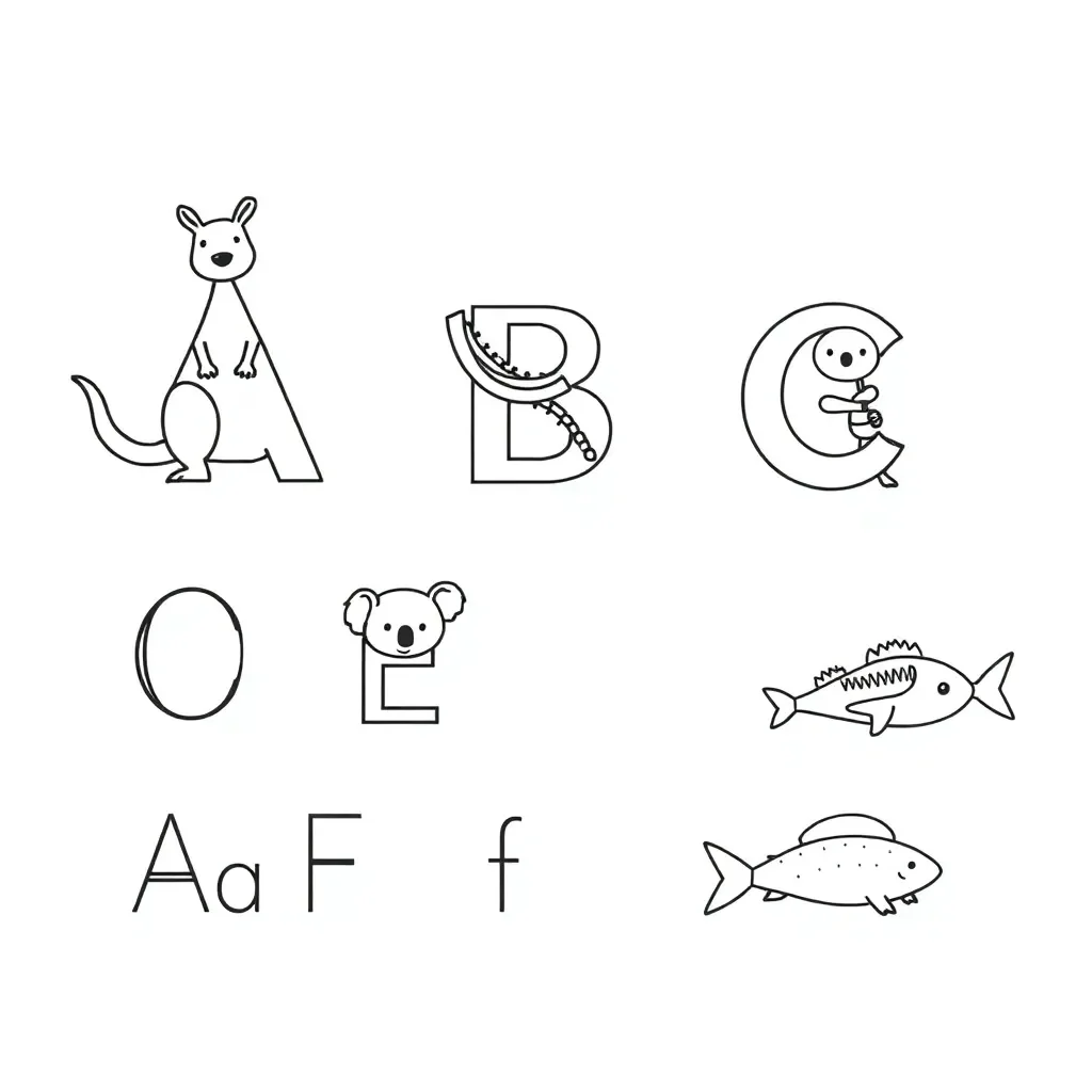 Colourful alphabet letters A-F with pictures