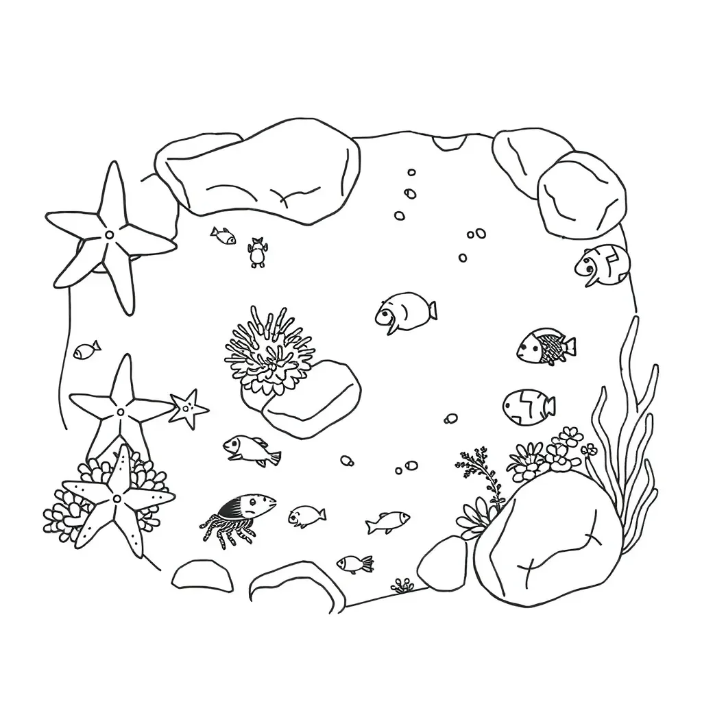 Rock pool with sea anemones, crabs, and fish