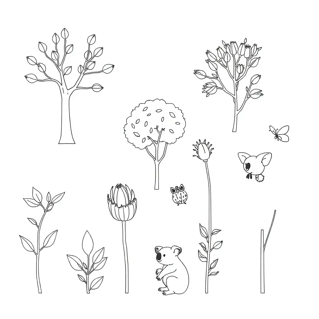 Colourful plants with leaves, stems and roots