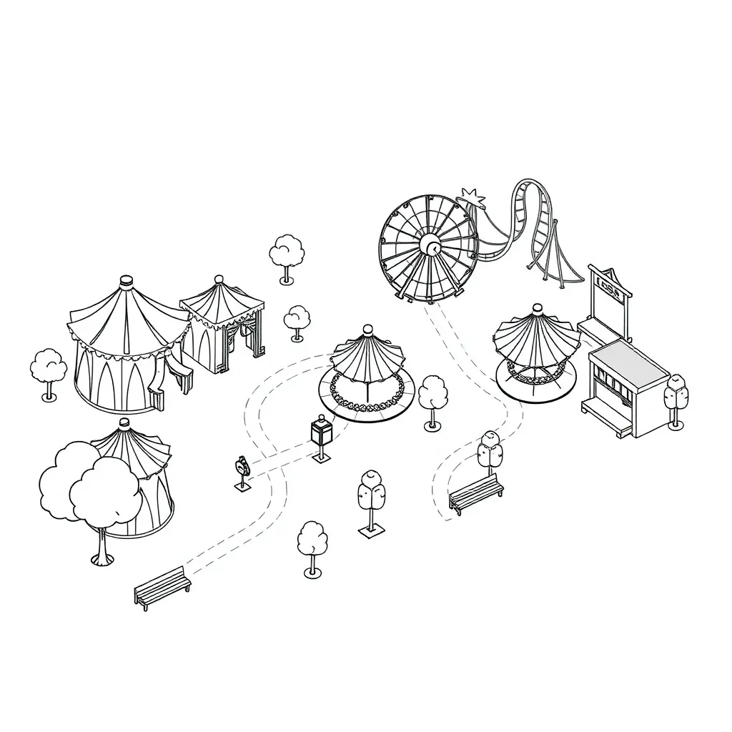Fantasy theme park with colorful tents and rides
