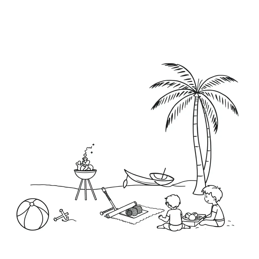 Summer beach scene with children playing