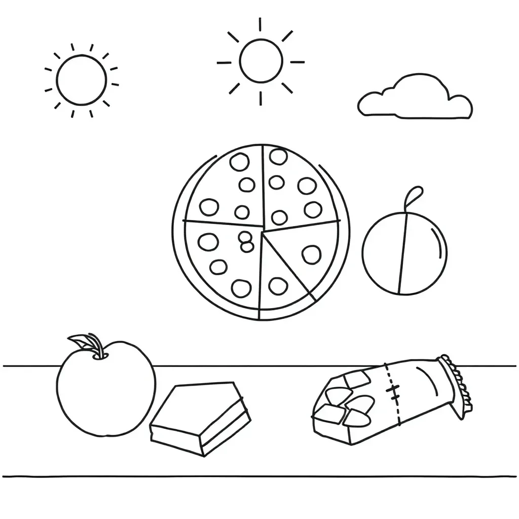 Pizza and apple divided into fractions