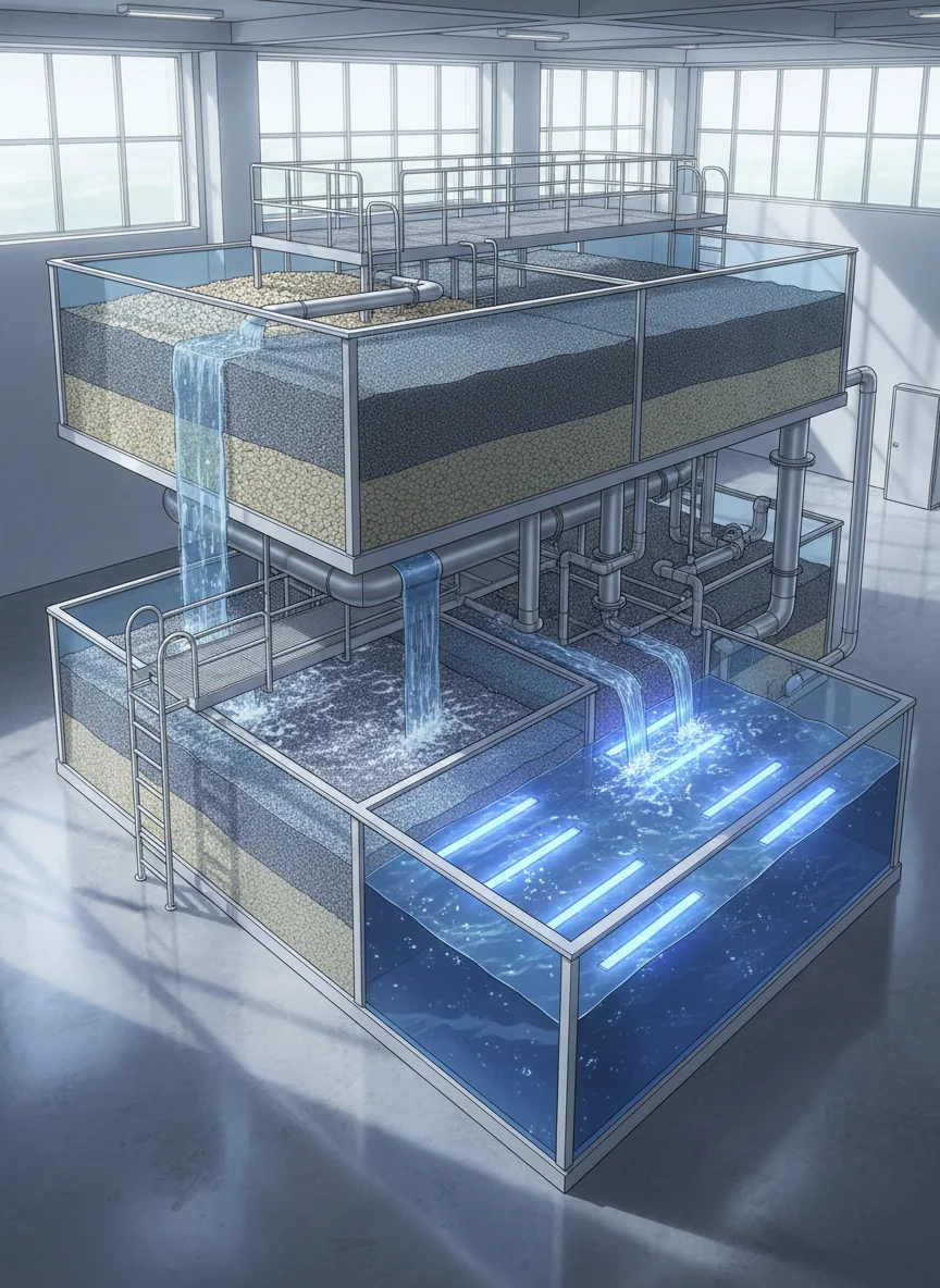Steps 2-4: Sedimentation, Filtration & Disinfection