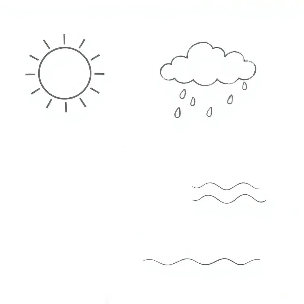 Weather symbols including sun, clouds, rain, and snow