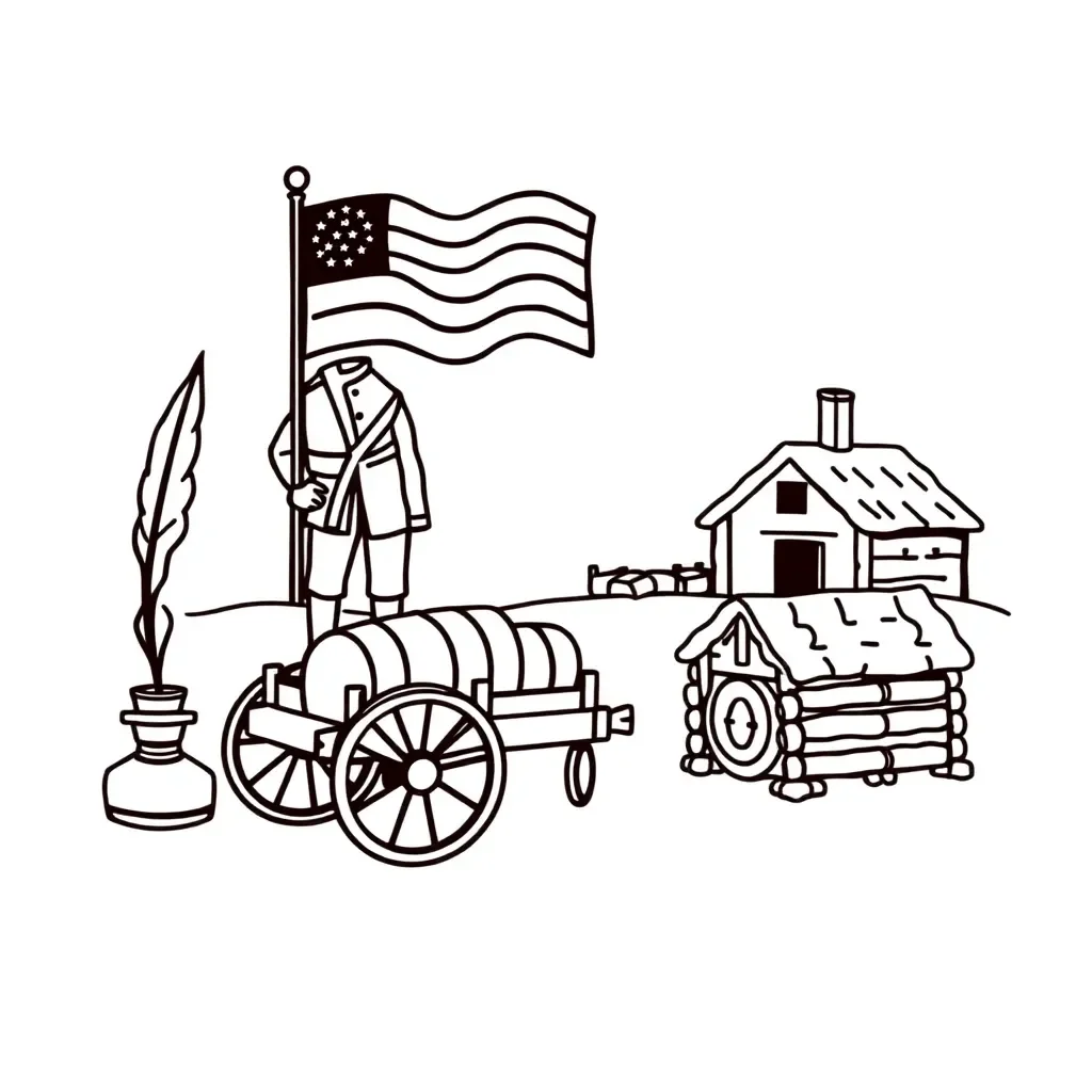 American flag and colonial soldiers illustration