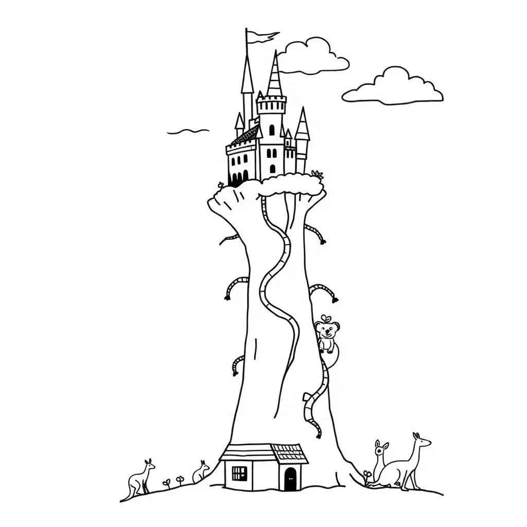 Friendly giant looking down at a beanstalk