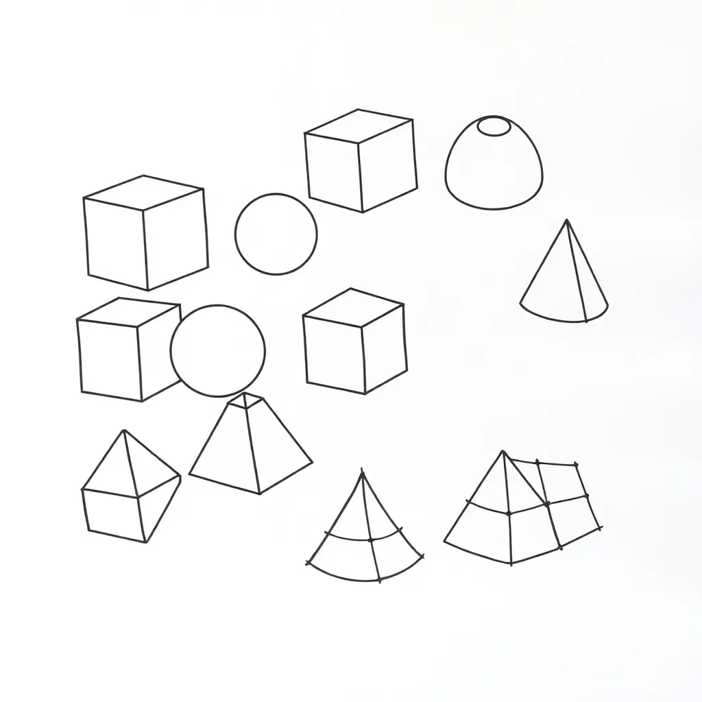 3D shapes including cube, sphere, cone, and cylinder
