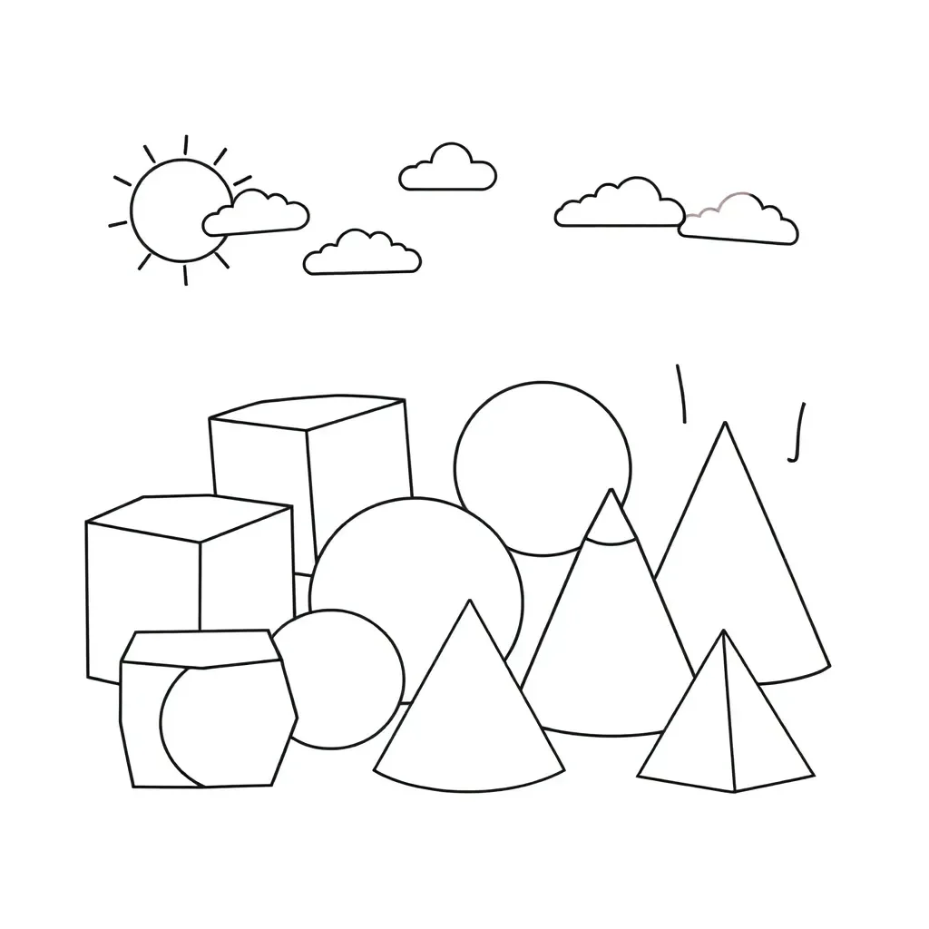 Various 3D solid shapes including cube, sphere, cylinder, and cone