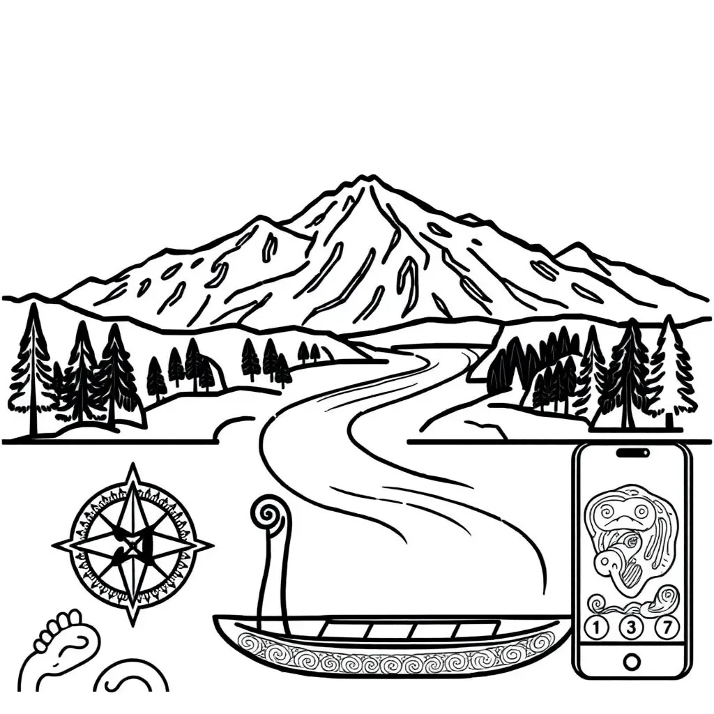 Topographic map and compass illustration