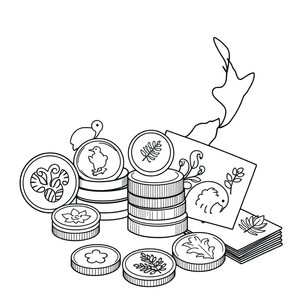 New Zealand coins and notes illustration