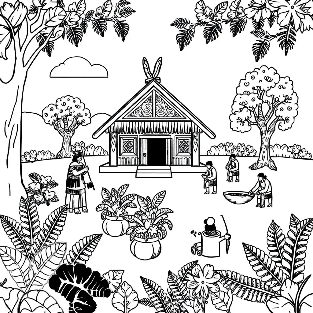 Traditional Māori village illustration