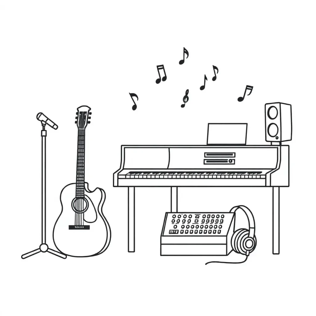 Music notes and recording equipment