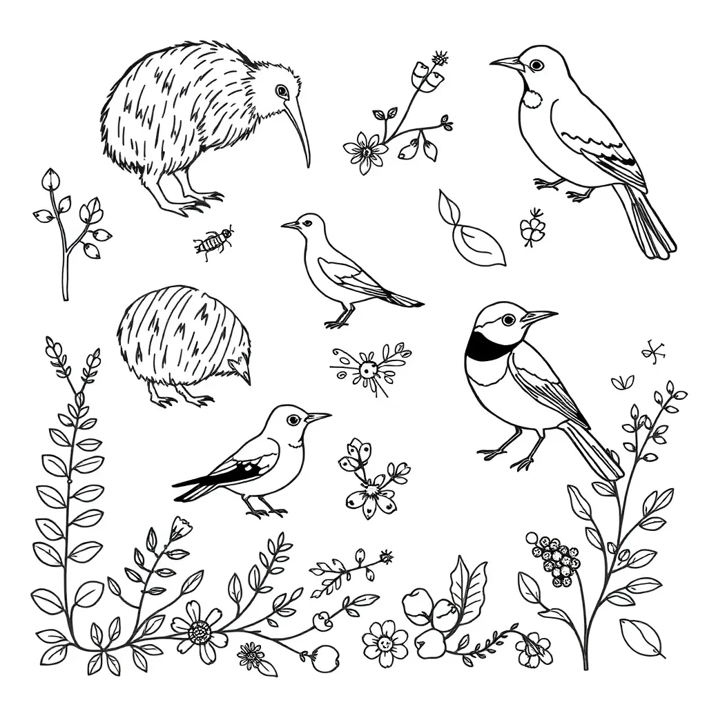 Various New Zealand birds illustration
