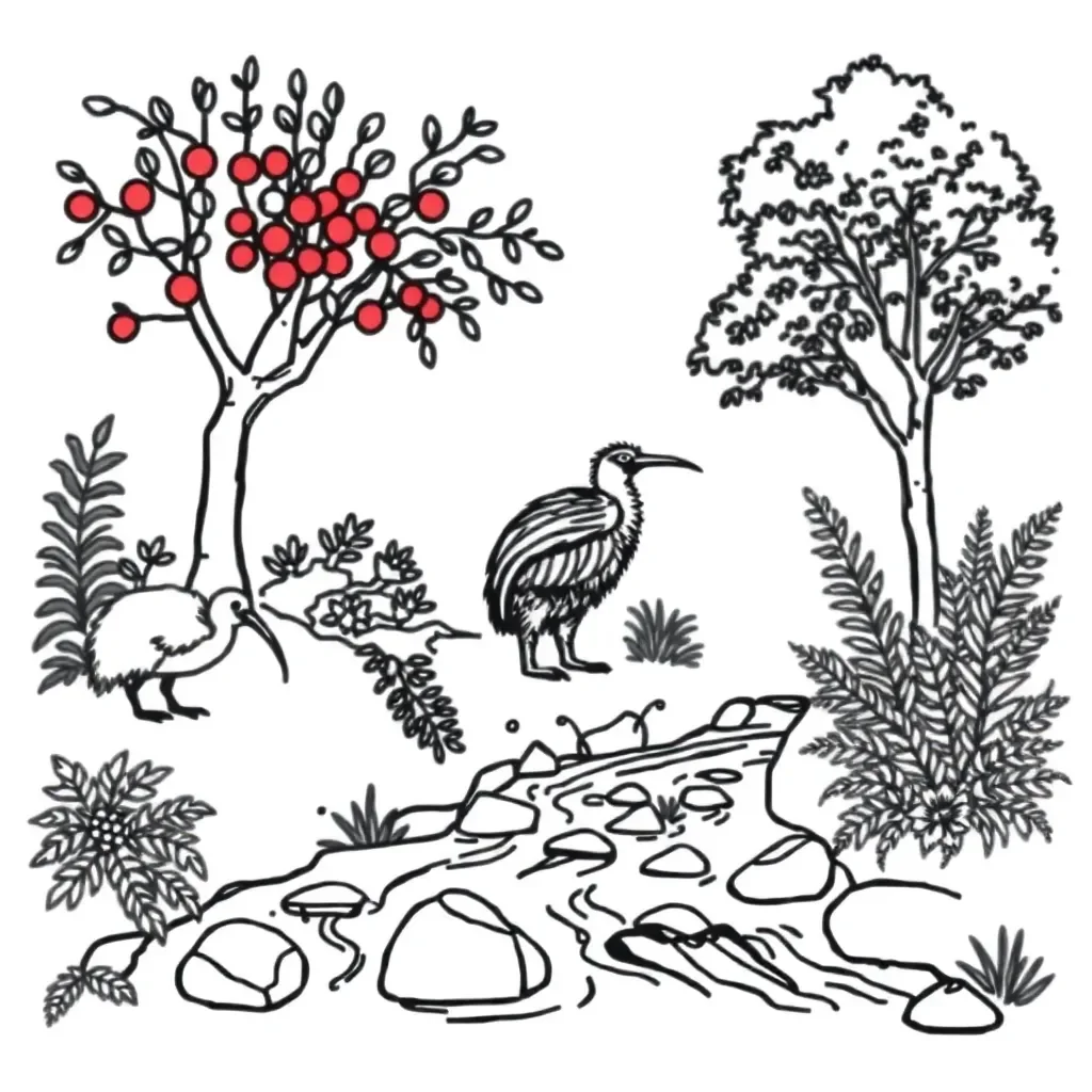 New Zealand ecosystem with native plants and animals