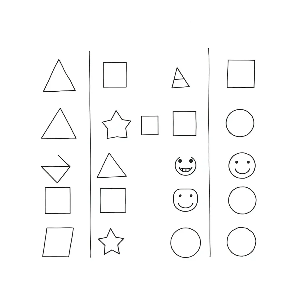Colorful geometric shapes including triangles, squares, and circles